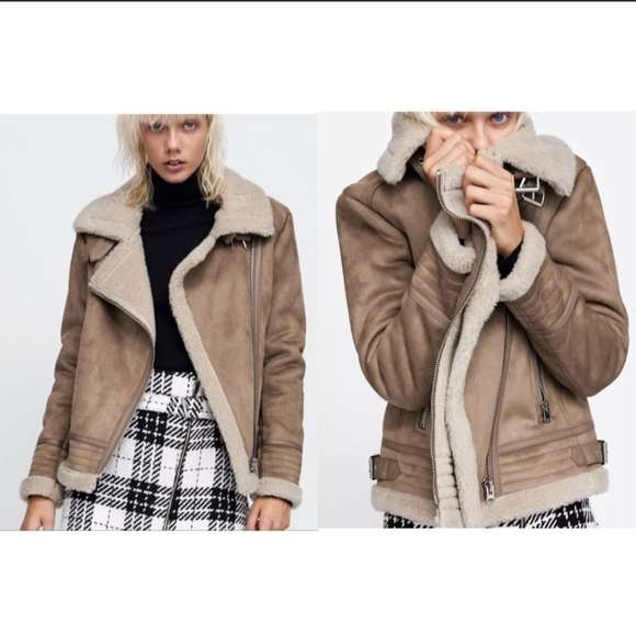 Zara Taupe Shearling Jacket - Picture 2 of 16